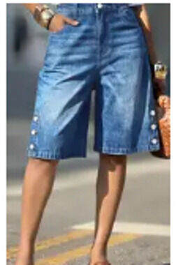 NWT Fleemingals Wash Button Decor High Waist Denim Bermuda Shorts Sz L